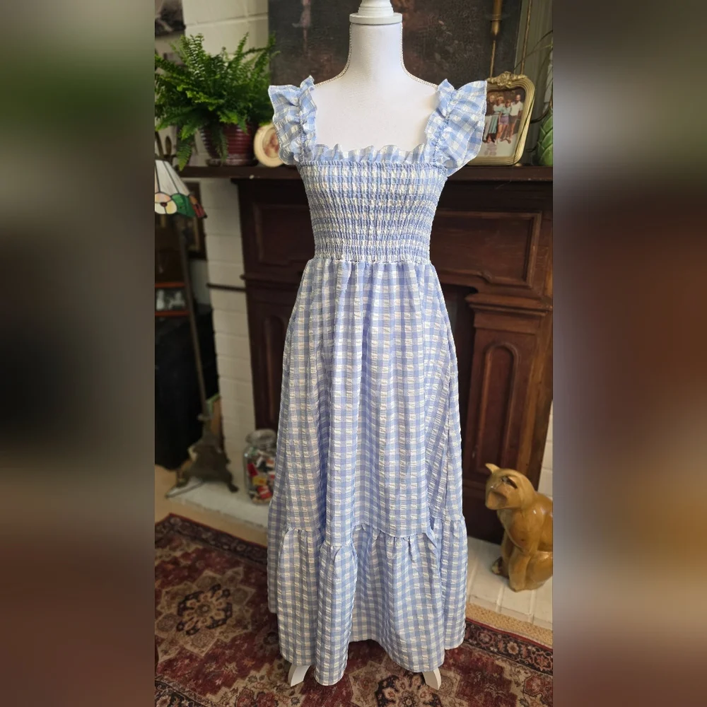 Smocked Square Neck Dress - Light Blue Gingham Size M-L - Picture 1 of 7